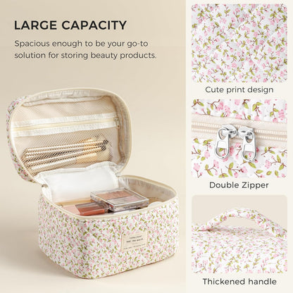 Large Quilted Makeup Bags for Women, Cute Cotton Travel Cosmetic Bags with Handle, Gifts for Bridesmaids, Portable Coquette Floral Make up Bag, Toiletry Cosmetic Bag