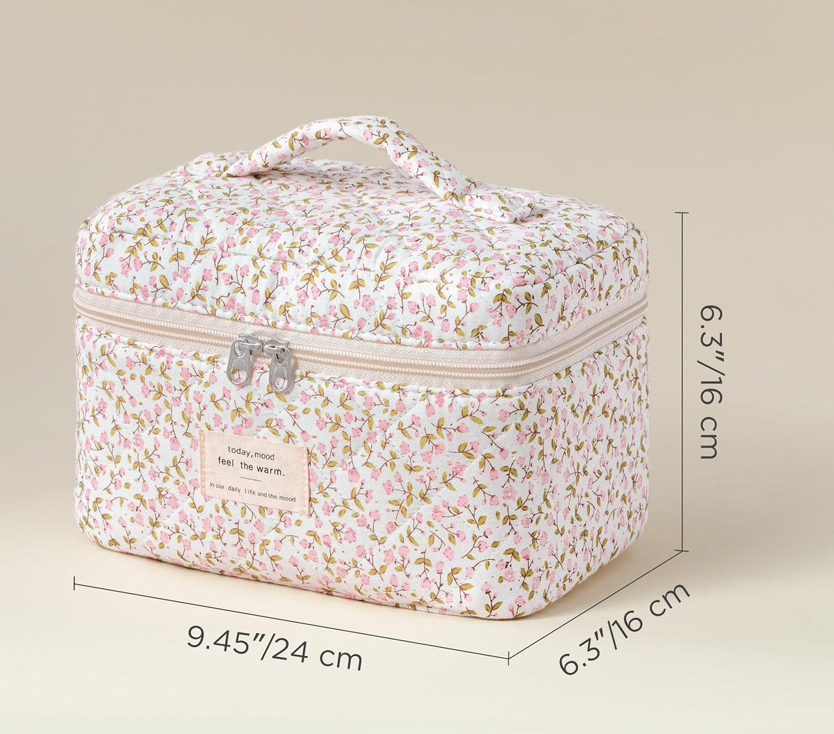 Large Quilted Makeup Bags for Women, Cute Cotton Travel Cosmetic Bags with Handle, Gifts for Bridesmaids, Portable Coquette Floral Make up Bag, Toiletry Cosmetic Bag