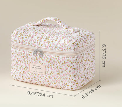 Large Quilted Makeup Bags for Women, Cute Cotton Travel Cosmetic Bags with Handle, Gifts for Bridesmaids, Portable Coquette Floral Make up Bag, Toiletry Cosmetic Bag