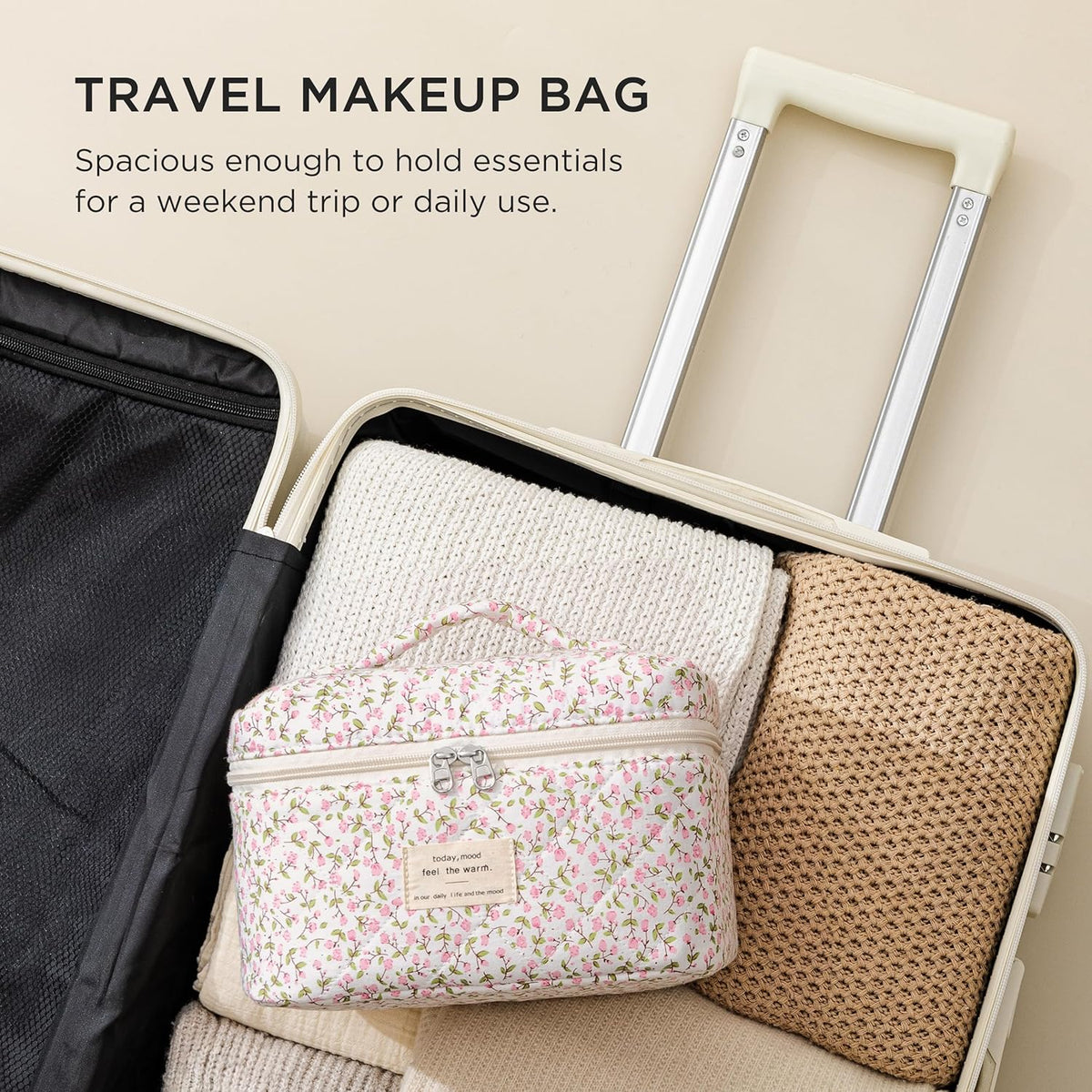 Large Quilted Makeup Bags for Women, Cute Cotton Travel Cosmetic Bags with Handle, Gifts for Bridesmaids, Portable Coquette Floral Make up Bag, Toiletry Cosmetic Bag