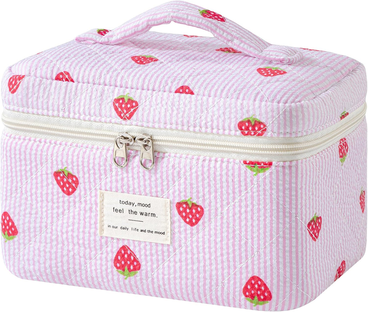 Large Quilted Makeup Bags for Women, Cute Cotton Travel Cosmetic Bags with Handle, Gifts for Bridesmaids, Portable Coquette Floral Make up Bag, Toiletry Cosmetic Bag