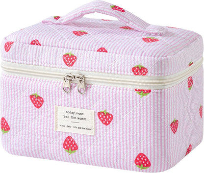 Large Quilted Makeup Bags for Women, Cute Cotton Travel Cosmetic Bags with Handle, Gifts for Bridesmaids, Portable Coquette Floral Make up Bag, Toiletry Cosmetic Bag