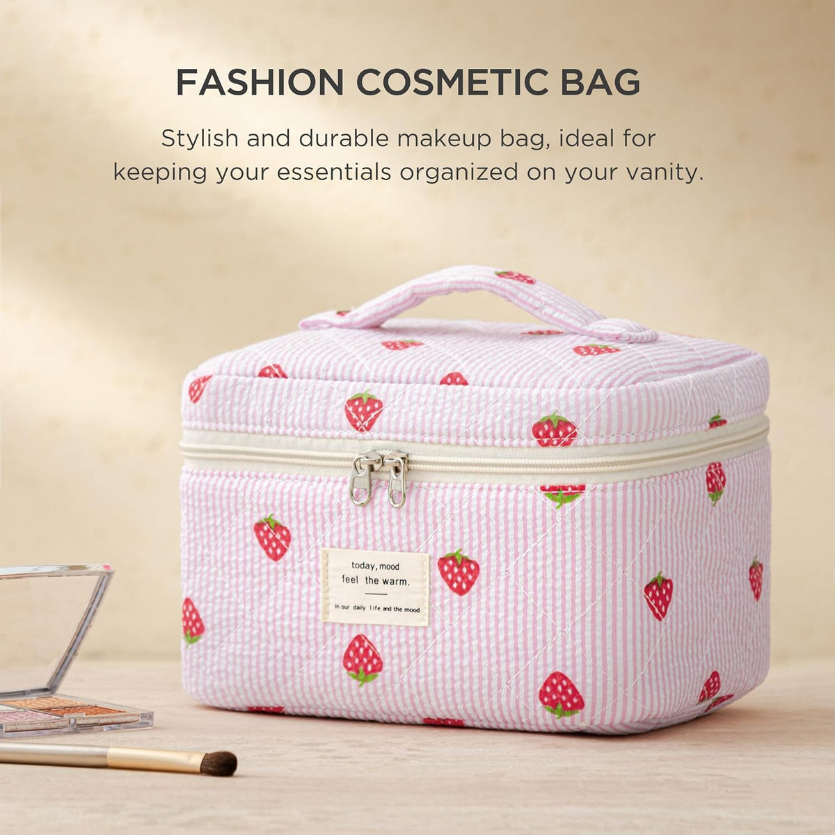 Large Quilted Makeup Bags for Women, Cute Cotton Travel Cosmetic Bags with Handle, Gifts for Bridesmaids, Portable Coquette Floral Make up Bag, Toiletry Cosmetic Bag