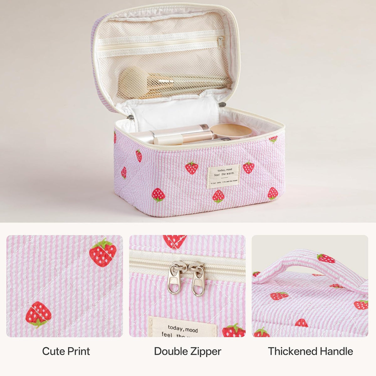 Large Quilted Makeup Bags for Women, Cute Cotton Travel Cosmetic Bags with Handle, Gifts for Bridesmaids, Portable Coquette Floral Make up Bag, Toiletry Cosmetic Bag
