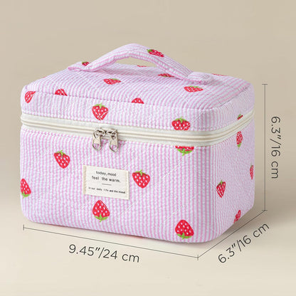 Large Quilted Makeup Bags for Women, Cute Cotton Travel Cosmetic Bags with Handle, Gifts for Bridesmaids, Portable Coquette Floral Make up Bag, Toiletry Cosmetic Bag