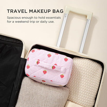 Large Quilted Makeup Bags for Women, Cute Cotton Travel Cosmetic Bags with Handle, Gifts for Bridesmaids, Portable Coquette Floral Make up Bag, Toiletry Cosmetic Bag