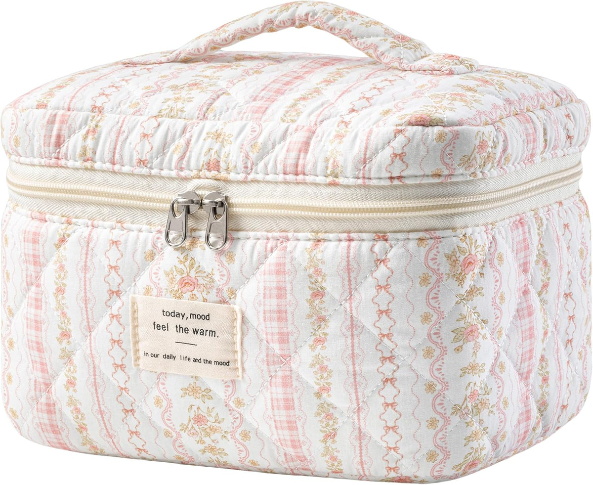 Large Quilted Makeup Bags for Women, Cute Cotton Travel Cosmetic Bags with Handle, Gifts for Bridesmaids, Portable Coquette Floral Make up Bag, Toiletry Cosmetic Bag