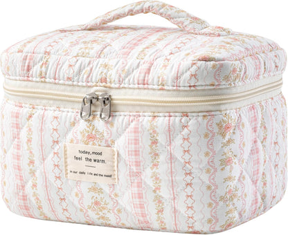 Large Quilted Makeup Bags for Women, Cute Cotton Travel Cosmetic Bags with Handle, Gifts for Bridesmaids, Portable Coquette Floral Make up Bag, Toiletry Cosmetic Bag