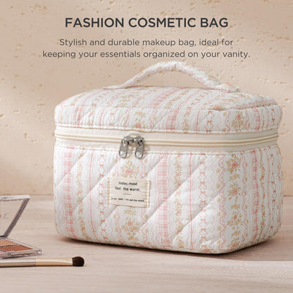Large Quilted Makeup Bags for Women, Cute Cotton Travel Cosmetic Bags with Handle, Gifts for Bridesmaids, Portable Coquette Floral Make up Bag, Toiletry Cosmetic Bag