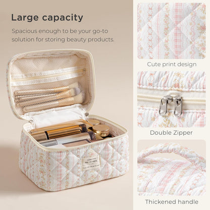 Large Quilted Makeup Bags for Women, Cute Cotton Travel Cosmetic Bags with Handle, Gifts for Bridesmaids, Portable Coquette Floral Make up Bag, Toiletry Cosmetic Bag
