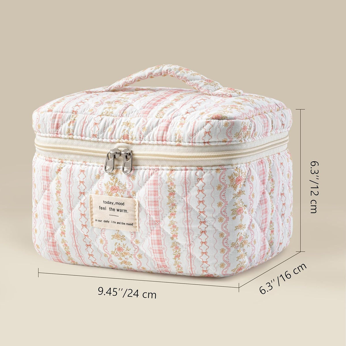 Large Quilted Makeup Bags for Women, Cute Cotton Travel Cosmetic Bags with Handle, Gifts for Bridesmaids, Portable Coquette Floral Make up Bag, Toiletry Cosmetic Bag