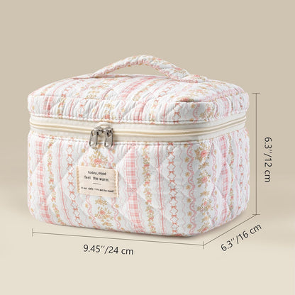 Large Quilted Makeup Bags for Women, Cute Cotton Travel Cosmetic Bags with Handle, Gifts for Bridesmaids, Portable Coquette Floral Make up Bag, Toiletry Cosmetic Bag