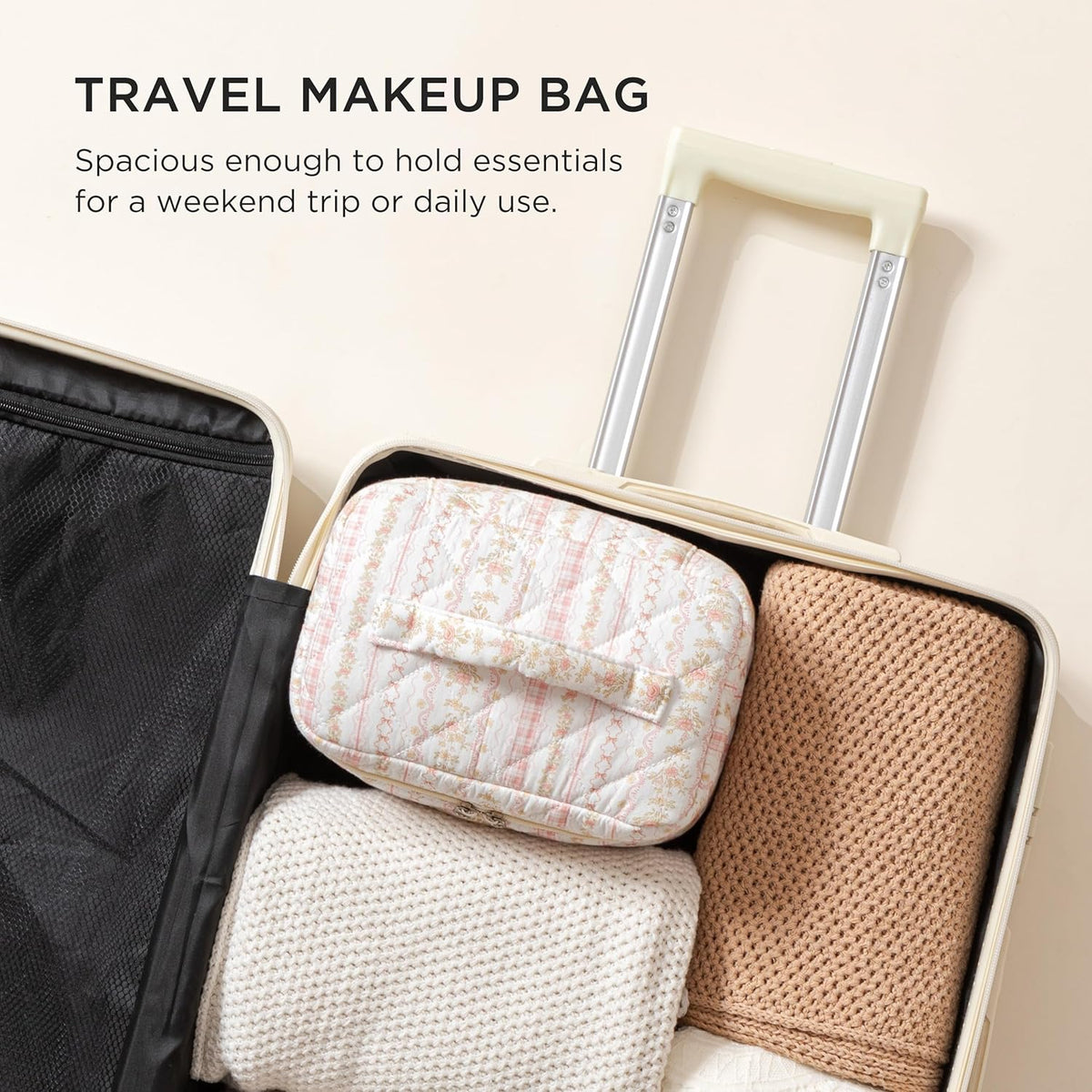 Large Quilted Makeup Bags for Women, Cute Cotton Travel Cosmetic Bags with Handle, Gifts for Bridesmaids, Portable Coquette Floral Make up Bag, Toiletry Cosmetic Bag