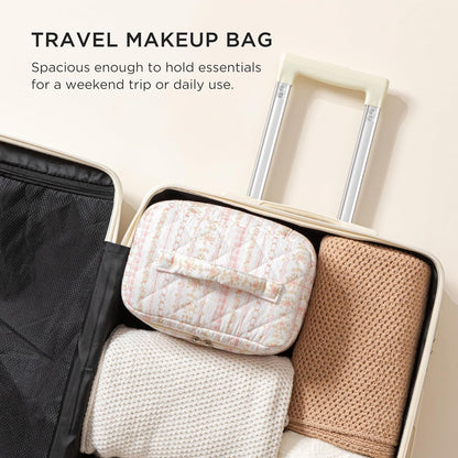 Large Quilted Makeup Bags for Women, Cute Cotton Travel Cosmetic Bags with Handle, Gifts for Bridesmaids, Portable Coquette Floral Make up Bag, Toiletry Cosmetic Bag