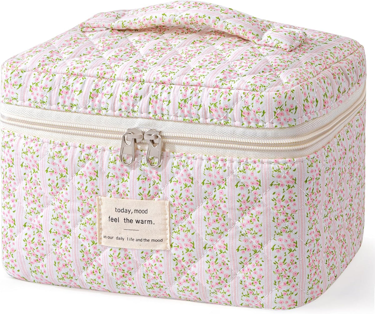 Large Quilted Makeup Bags for Women, Cute Cotton Travel Cosmetic Bags with Handle, Gifts for Bridesmaids, Portable Coquette Floral Make up Bag, Toiletry Cosmetic Bag