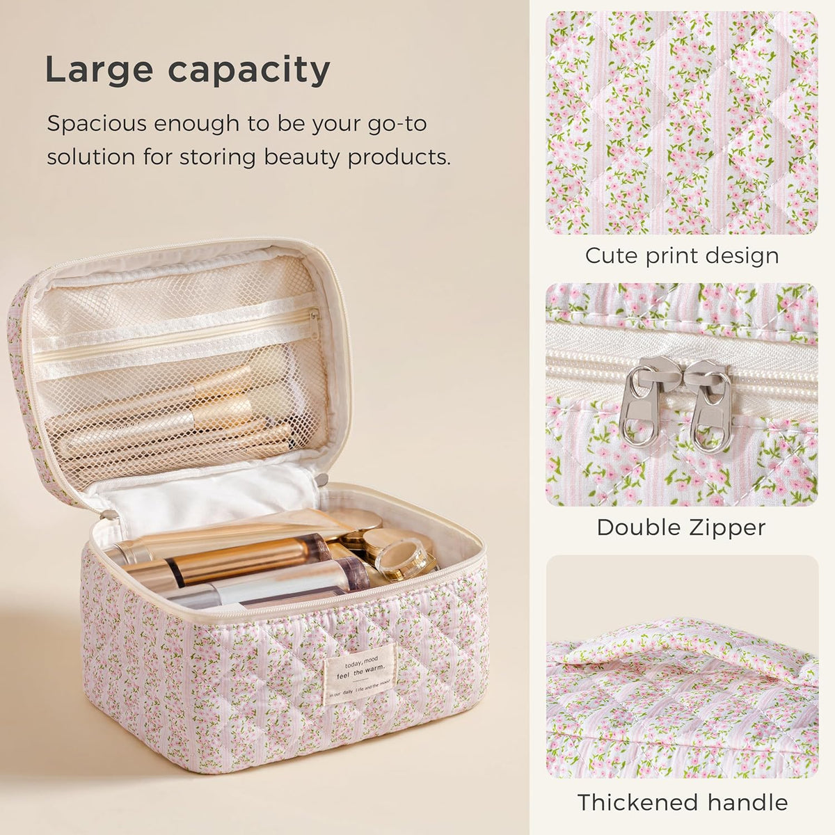 Large Quilted Makeup Bags for Women, Cute Cotton Travel Cosmetic Bags with Handle, Gifts for Bridesmaids, Portable Coquette Floral Make up Bag, Toiletry Cosmetic Bag