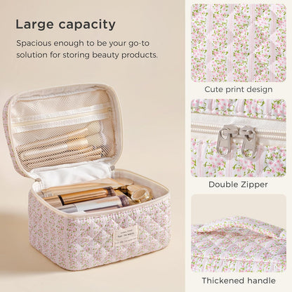 Large Quilted Makeup Bags for Women, Cute Cotton Travel Cosmetic Bags with Handle, Gifts for Bridesmaids, Portable Coquette Floral Make up Bag, Toiletry Cosmetic Bag