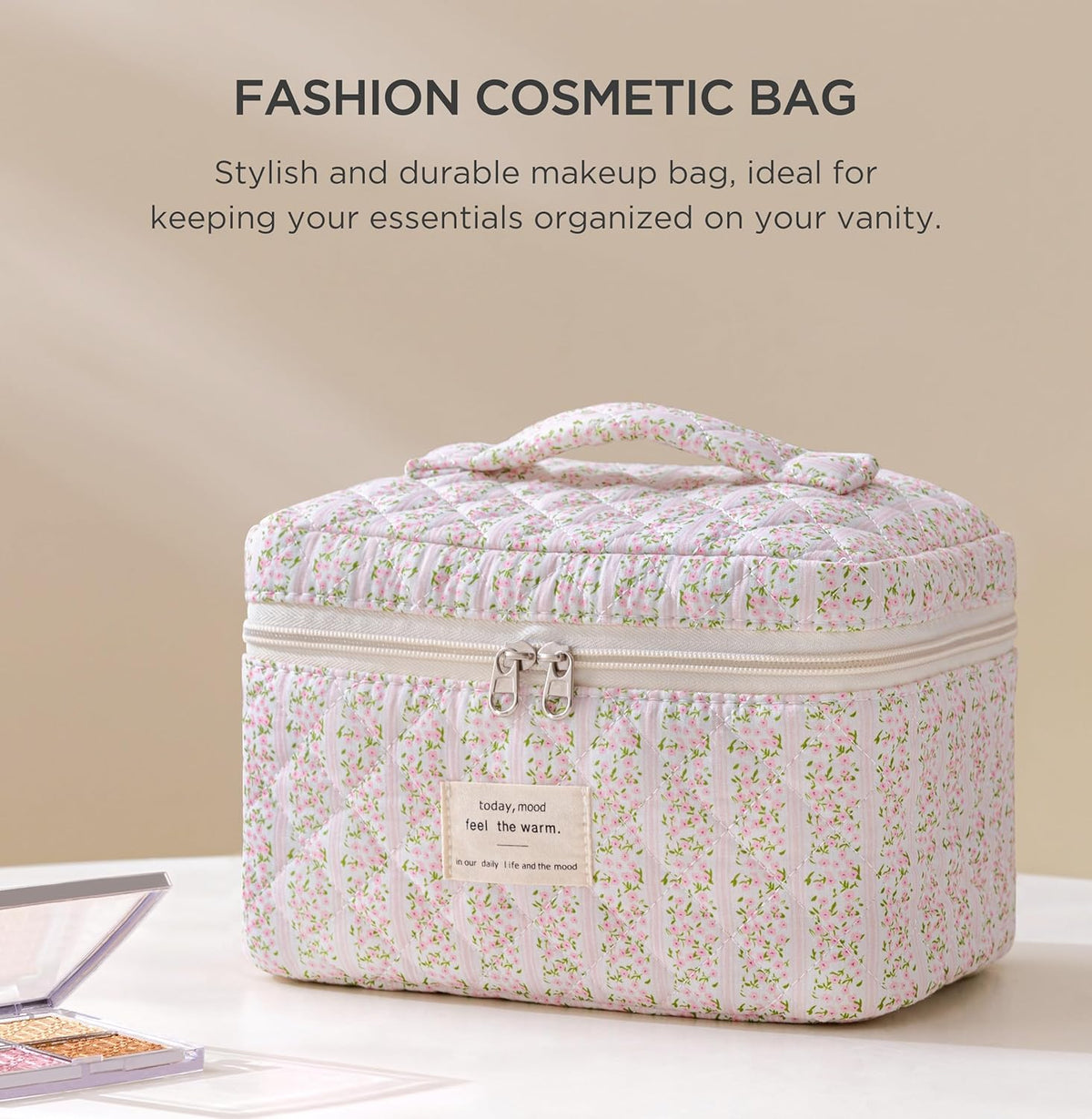 Large Quilted Makeup Bags for Women, Cute Cotton Travel Cosmetic Bags with Handle, Gifts for Bridesmaids, Portable Coquette Floral Make up Bag, Toiletry Cosmetic Bag