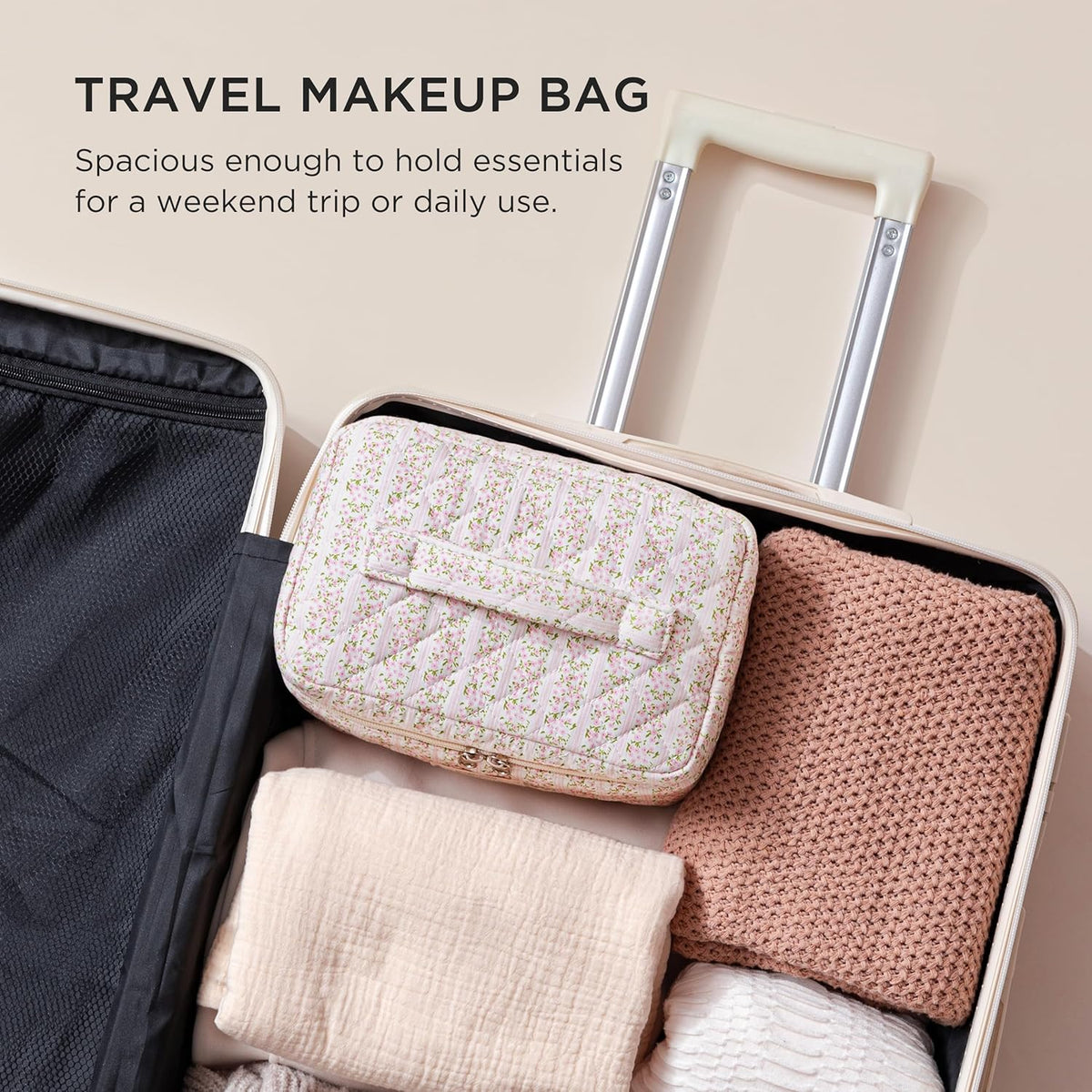 Large Quilted Makeup Bags for Women, Cute Cotton Travel Cosmetic Bags with Handle, Gifts for Bridesmaids, Portable Coquette Floral Make up Bag, Toiletry Cosmetic Bag