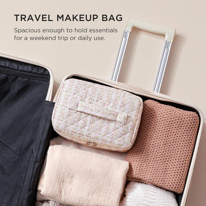 Large Quilted Makeup Bags for Women, Cute Cotton Travel Cosmetic Bags with Handle, Gifts for Bridesmaids, Portable Coquette Floral Make up Bag, Toiletry Cosmetic Bag