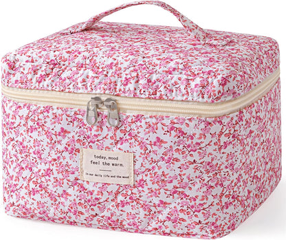 Large Quilted Makeup Bags for Women, Cute Cotton Travel Cosmetic Bags with Handle, Gifts for Bridesmaids, Portable Coquette Floral Make up Bag, Toiletry Cosmetic Bag