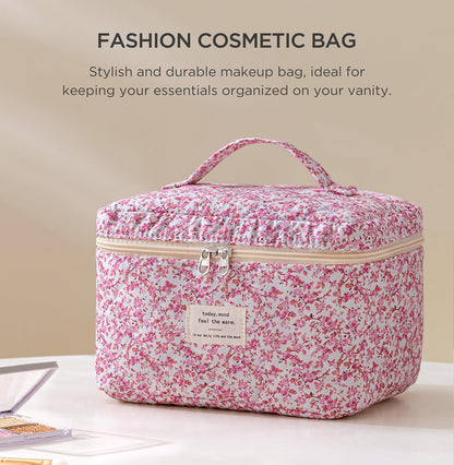 Large Quilted Makeup Bags for Women, Cute Cotton Travel Cosmetic Bags with Handle, Gifts for Bridesmaids, Portable Coquette Floral Make up Bag, Toiletry Cosmetic Bag