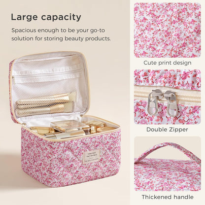 Large Quilted Makeup Bags for Women, Cute Cotton Travel Cosmetic Bags with Handle, Gifts for Bridesmaids, Portable Coquette Floral Make up Bag, Toiletry Cosmetic Bag