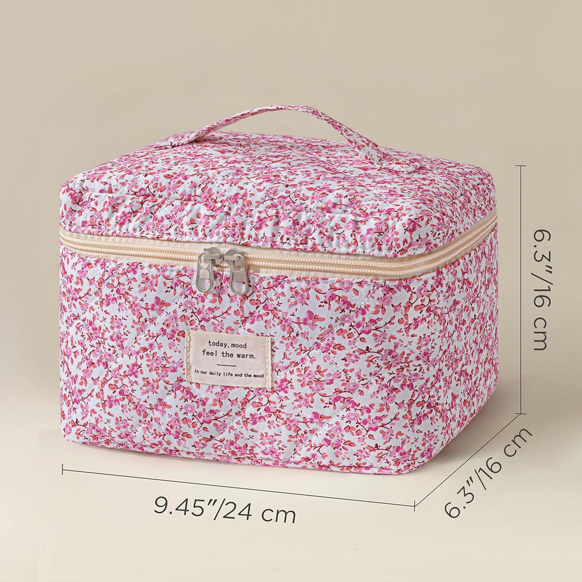 Large Quilted Makeup Bags for Women, Cute Cotton Travel Cosmetic Bags with Handle, Gifts for Bridesmaids, Portable Coquette Floral Make up Bag, Toiletry Cosmetic Bag
