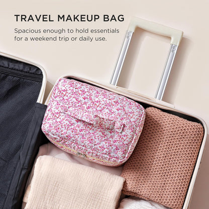 Large Quilted Makeup Bags for Women, Cute Cotton Travel Cosmetic Bags with Handle, Gifts for Bridesmaids, Portable Coquette Floral Make up Bag, Toiletry Cosmetic Bag