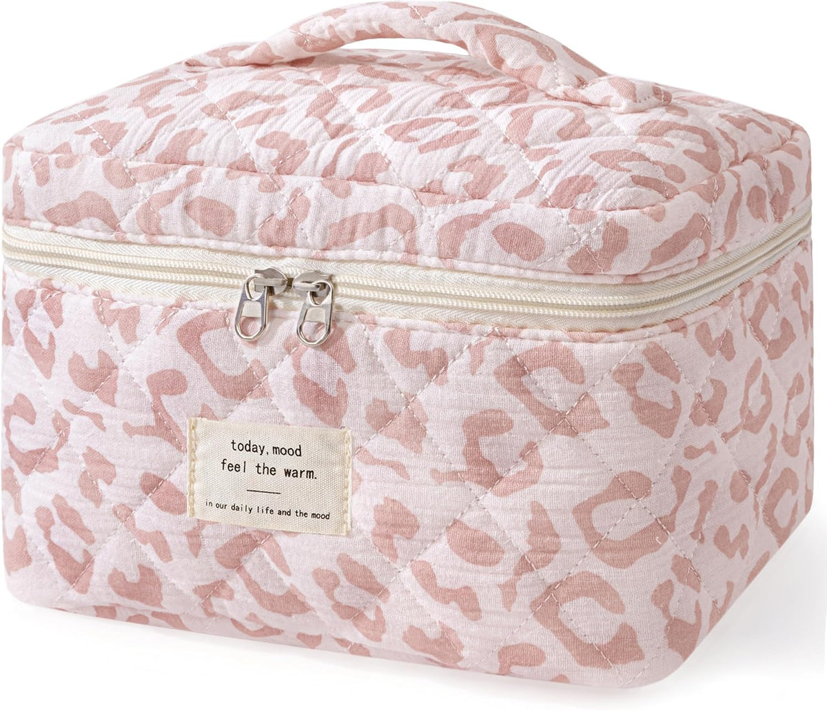 Large Quilted Makeup Bags for Women, Cute Cotton Travel Cosmetic Bags with Handle, Gifts for Bridesmaids, Portable Coquette Floral Make up Bag, Toiletry Cosmetic Bag
