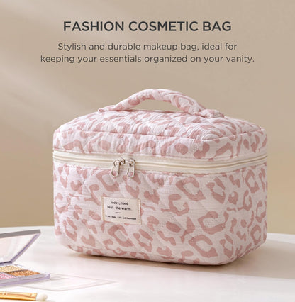 Large Quilted Makeup Bags for Women, Cute Cotton Travel Cosmetic Bags with Handle, Gifts for Bridesmaids, Portable Coquette Floral Make up Bag, Toiletry Cosmetic Bag