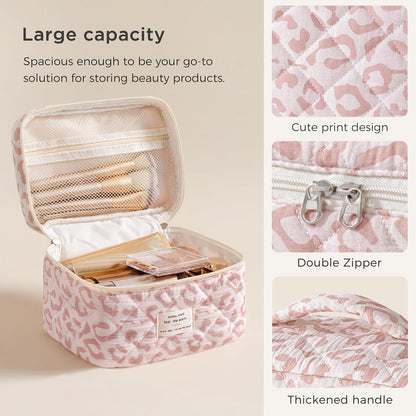 Large Quilted Makeup Bags for Women, Cute Cotton Travel Cosmetic Bags with Handle, Gifts for Bridesmaids, Portable Coquette Floral Make up Bag, Toiletry Cosmetic Bag