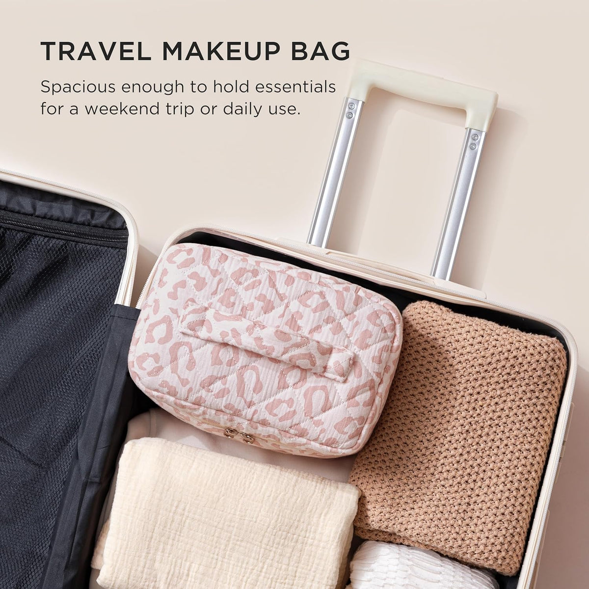 Large Quilted Makeup Bags for Women, Cute Cotton Travel Cosmetic Bags with Handle, Gifts for Bridesmaids, Portable Coquette Floral Make up Bag, Toiletry Cosmetic Bag