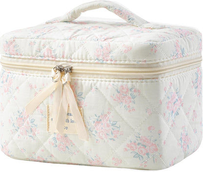 Large Quilted Makeup Bags for Women, Cute Cotton Travel Cosmetic Bags with Handle, Gifts for Bridesmaids, Portable Coquette Floral Make up Bag, Toiletry Cosmetic Bag