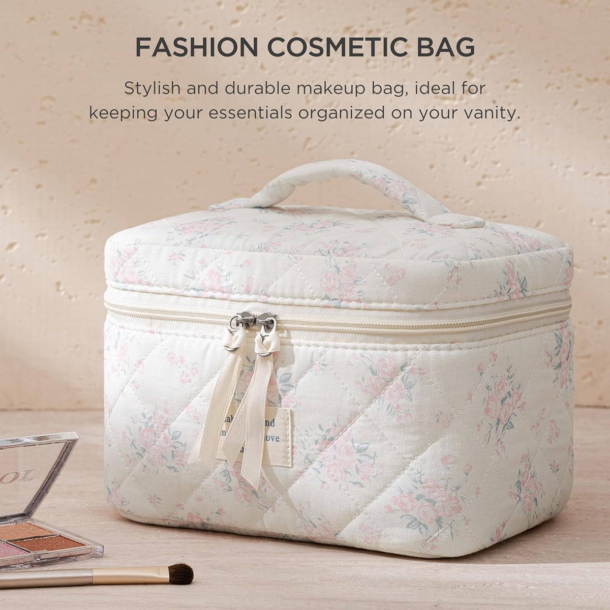 Large Quilted Makeup Bags for Women, Cute Cotton Travel Cosmetic Bags with Handle, Gifts for Bridesmaids, Portable Coquette Floral Make up Bag, Toiletry Cosmetic Bag