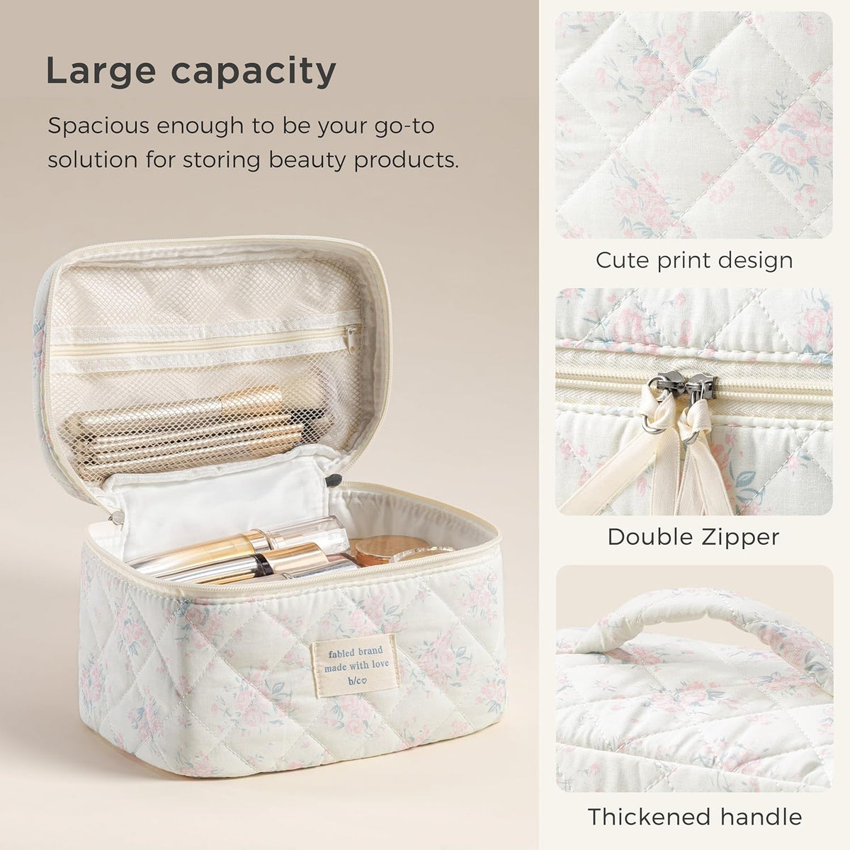 Large Quilted Makeup Bags for Women, Cute Cotton Travel Cosmetic Bags with Handle, Gifts for Bridesmaids, Portable Coquette Floral Make up Bag, Toiletry Cosmetic Bag