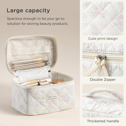 Large Quilted Makeup Bags for Women, Cute Cotton Travel Cosmetic Bags with Handle, Gifts for Bridesmaids, Portable Coquette Floral Make up Bag, Toiletry Cosmetic Bag