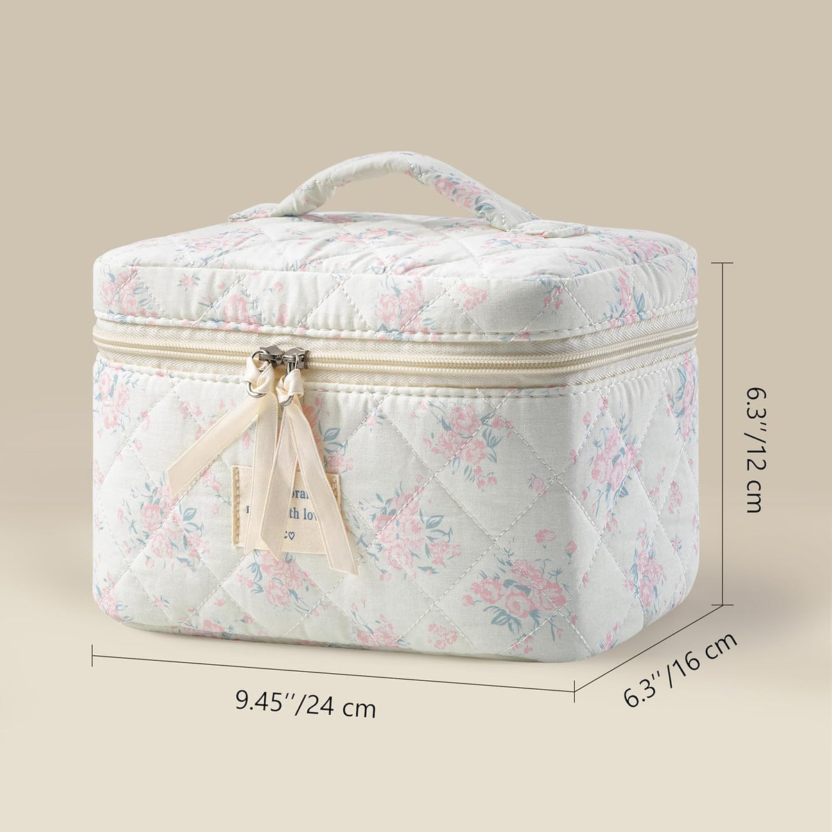 Large Quilted Makeup Bags for Women, Cute Cotton Travel Cosmetic Bags with Handle, Gifts for Bridesmaids, Portable Coquette Floral Make up Bag, Toiletry Cosmetic Bag