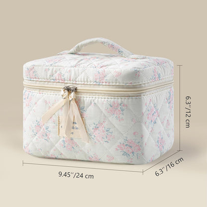 Large Quilted Makeup Bags for Women, Cute Cotton Travel Cosmetic Bags with Handle, Gifts for Bridesmaids, Portable Coquette Floral Make up Bag, Toiletry Cosmetic Bag