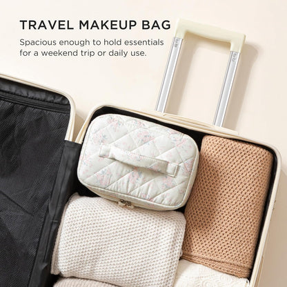 Large Quilted Makeup Bags for Women, Cute Cotton Travel Cosmetic Bags with Handle, Gifts for Bridesmaids, Portable Coquette Floral Make up Bag, Toiletry Cosmetic Bag