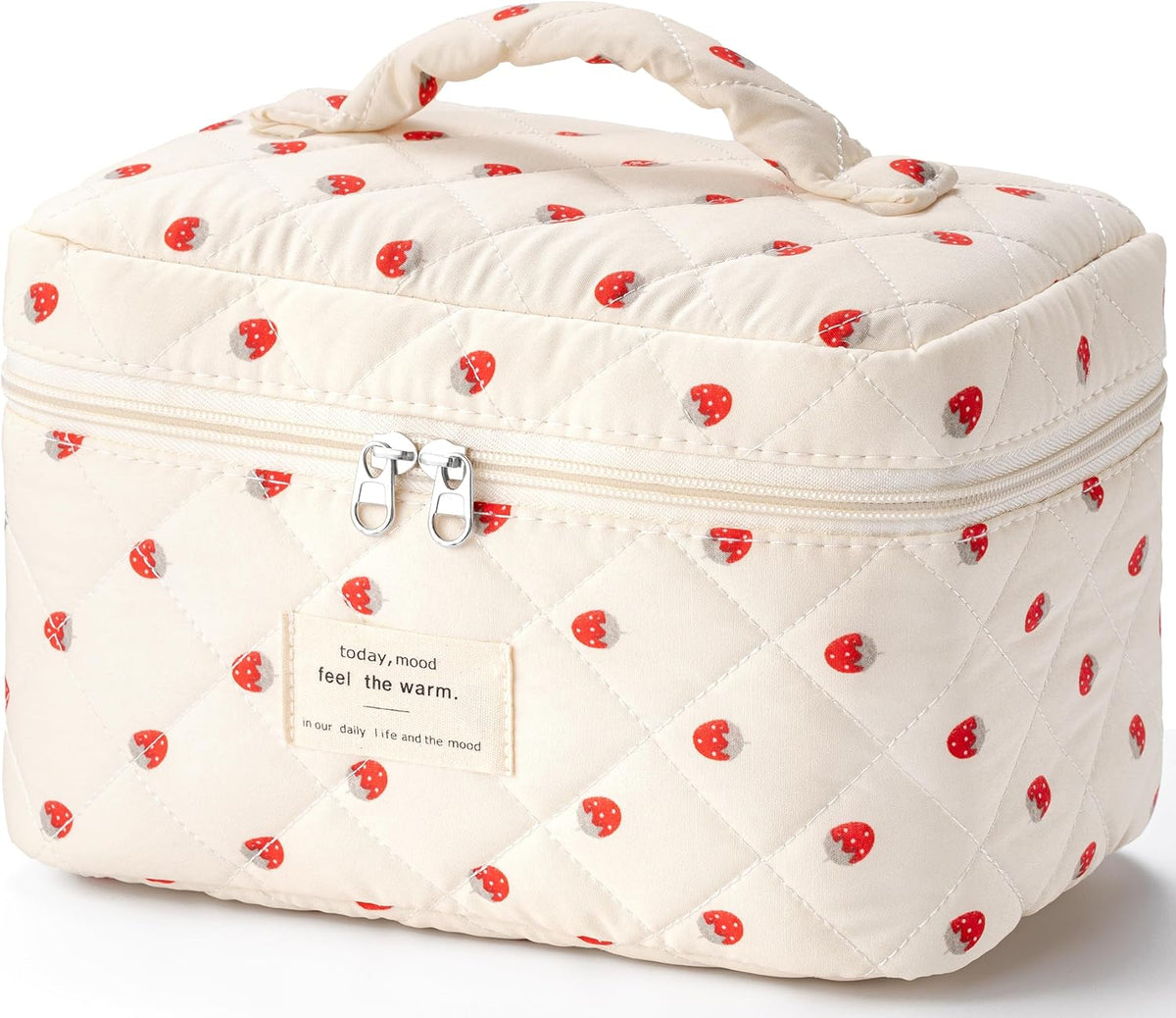 Large Quilted Makeup Bags for Women, Cute Cotton Travel Cosmetic Bags with Handle, Gifts for Bridesmaids, Portable Coquette Floral Make up Bag, Toiletry Cosmetic Bag