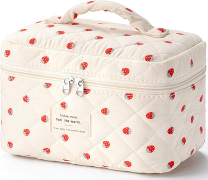 Large Quilted Makeup Bags for Women, Cute Cotton Travel Cosmetic Bags with Handle, Gifts for Bridesmaids, Portable Coquette Floral Make up Bag, Toiletry Cosmetic Bag