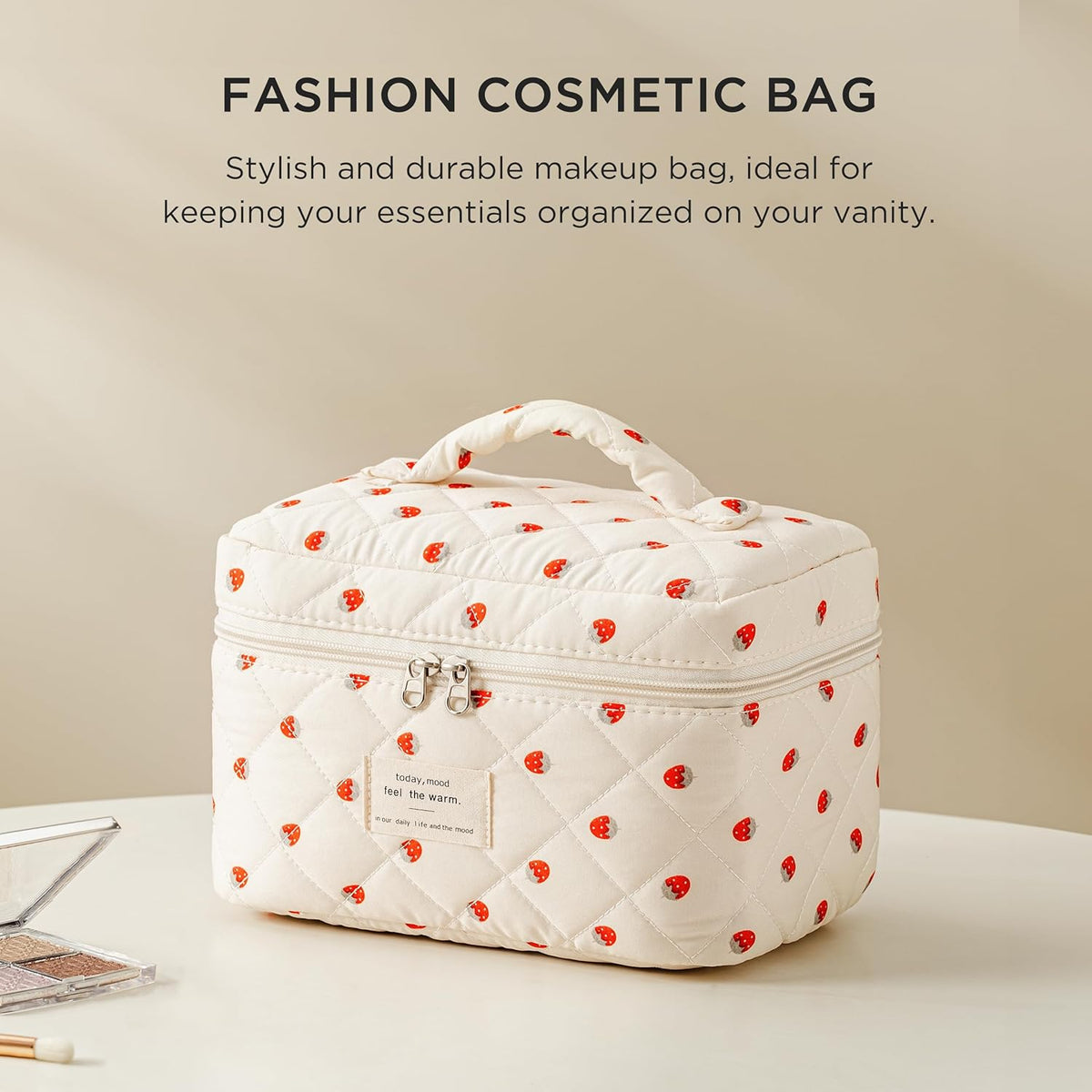 Large Quilted Makeup Bags for Women, Cute Cotton Travel Cosmetic Bags with Handle, Gifts for Bridesmaids, Portable Coquette Floral Make up Bag, Toiletry Cosmetic Bag
