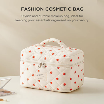 Large Quilted Makeup Bags for Women, Cute Cotton Travel Cosmetic Bags with Handle, Gifts for Bridesmaids, Portable Coquette Floral Make up Bag, Toiletry Cosmetic Bag