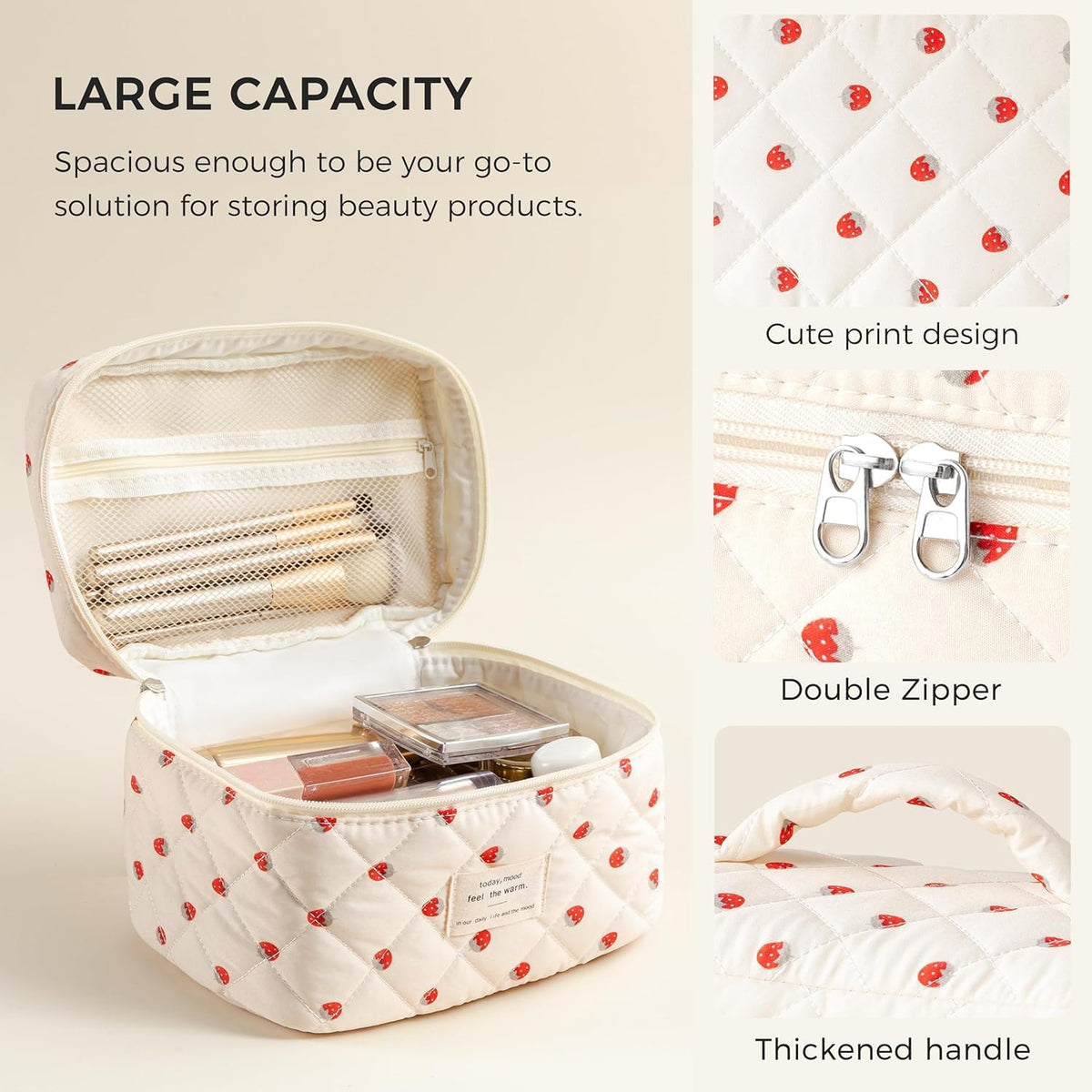 Large Quilted Makeup Bags for Women, Cute Cotton Travel Cosmetic Bags with Handle, Gifts for Bridesmaids, Portable Coquette Floral Make up Bag, Toiletry Cosmetic Bag