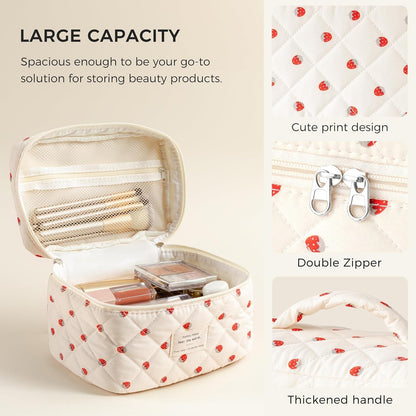 Large Quilted Makeup Bags for Women, Cute Cotton Travel Cosmetic Bags with Handle, Gifts for Bridesmaids, Portable Coquette Floral Make up Bag, Toiletry Cosmetic Bag