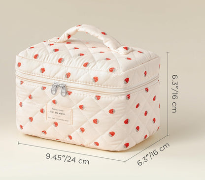 Large Quilted Makeup Bags for Women, Cute Cotton Travel Cosmetic Bags with Handle, Gifts for Bridesmaids, Portable Coquette Floral Make up Bag, Toiletry Cosmetic Bag