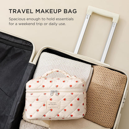 Large Quilted Makeup Bags for Women, Cute Cotton Travel Cosmetic Bags with Handle, Gifts for Bridesmaids, Portable Coquette Floral Make up Bag, Toiletry Cosmetic Bag