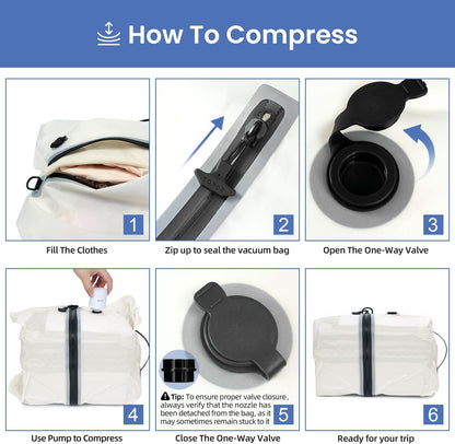 TPU Vacuum Bag for Travel, Reusable Compression Bag with IPX8 Waterproof Zipper, Save Space for Suitcase, Backpack and Carry on (Jet Black, Large, With Pump)