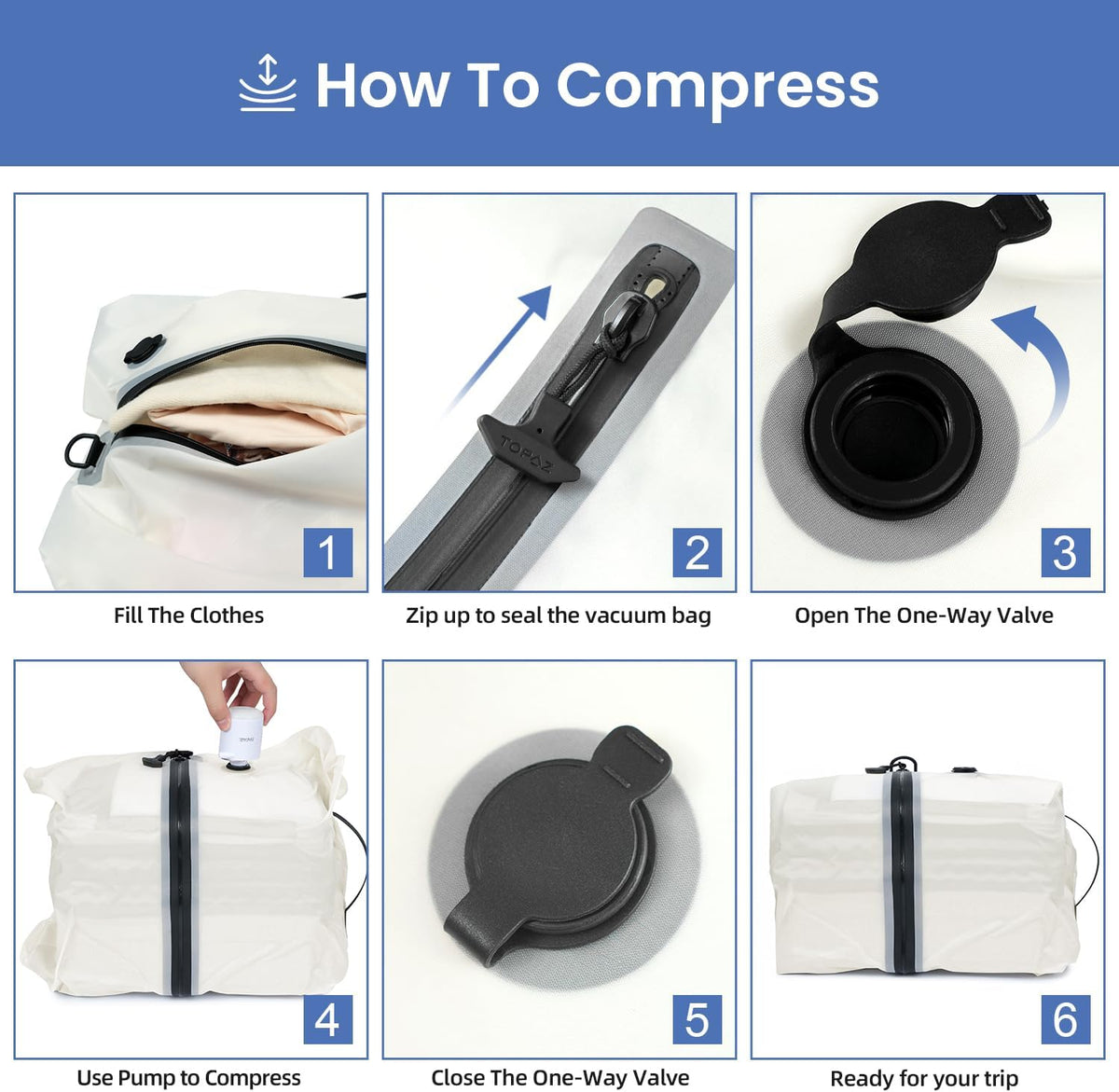 TPU Vacuum Bag for Travel, Reusable Compression Bag with IPX8 Waterproof Zipper, Save Space for Suitcase, Backpack and Carry on (Jet Black, Large, With Pump)